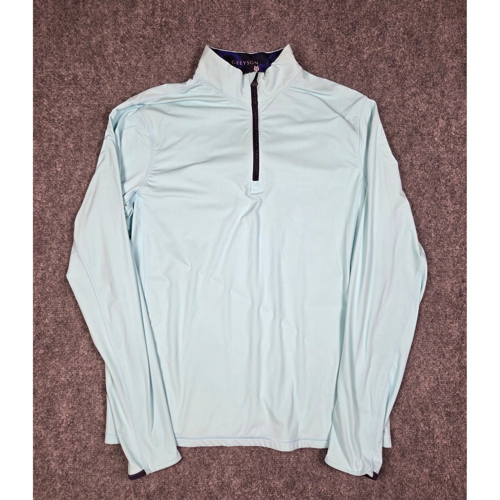 Greyson Pullover Mens Medium Light Blue Quarter Zip Athletic Camo Trim Logo